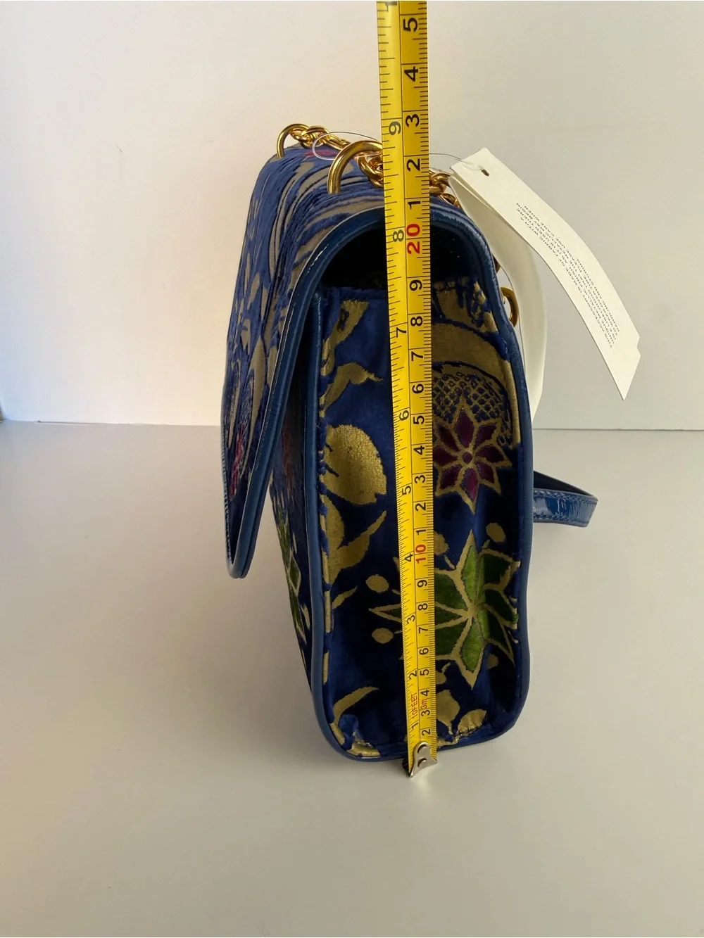 Tory Burch Cosmic Floral Velvet Shoulder Bag Blue Gold Chain $558